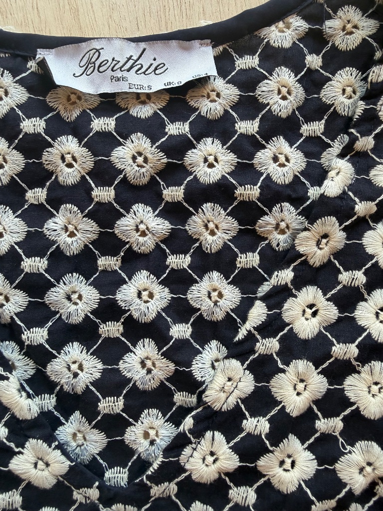 Berthie Navy Cream Floral Embroidered Blouse Scalloped Sleeve Top — image 3 of 4